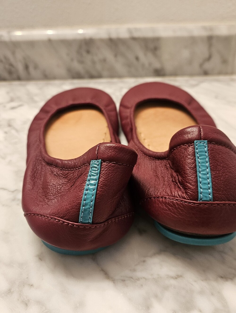 Tieks Burgundy Leather Ballet Flats with Teal Trim - Picture 7 of 9